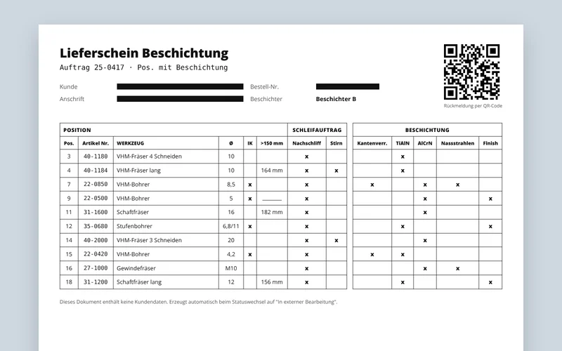 Automatisch erzeugter Lieferschein mit QR-Code, Kundendaten geschwärzt