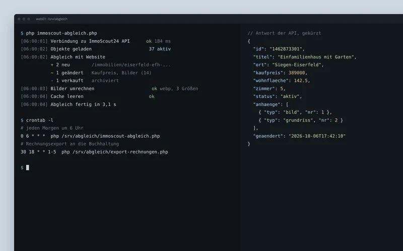 Terminal mit dem Protokoll eines nächtlichen Abgleichs mit ImmoScout24 und der Antwort der Schnittstelle