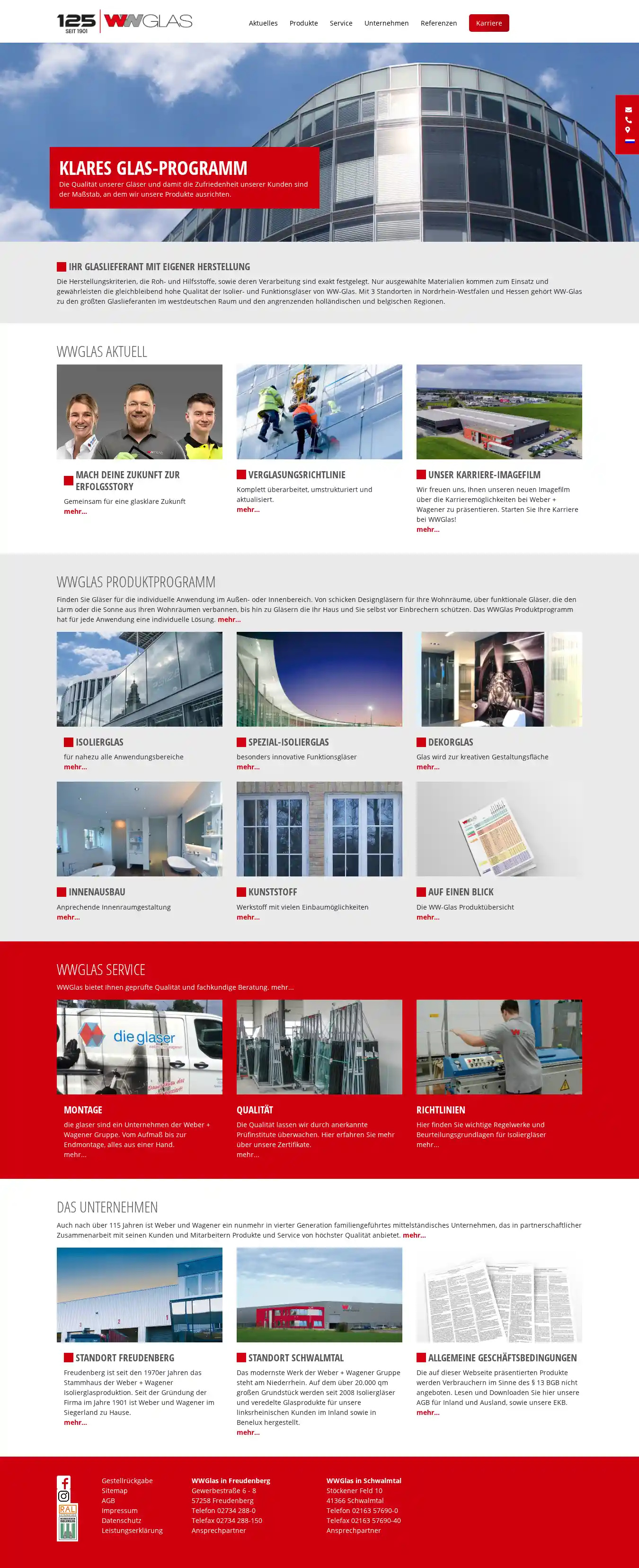 Website WWGlas, Desktop-Ansicht