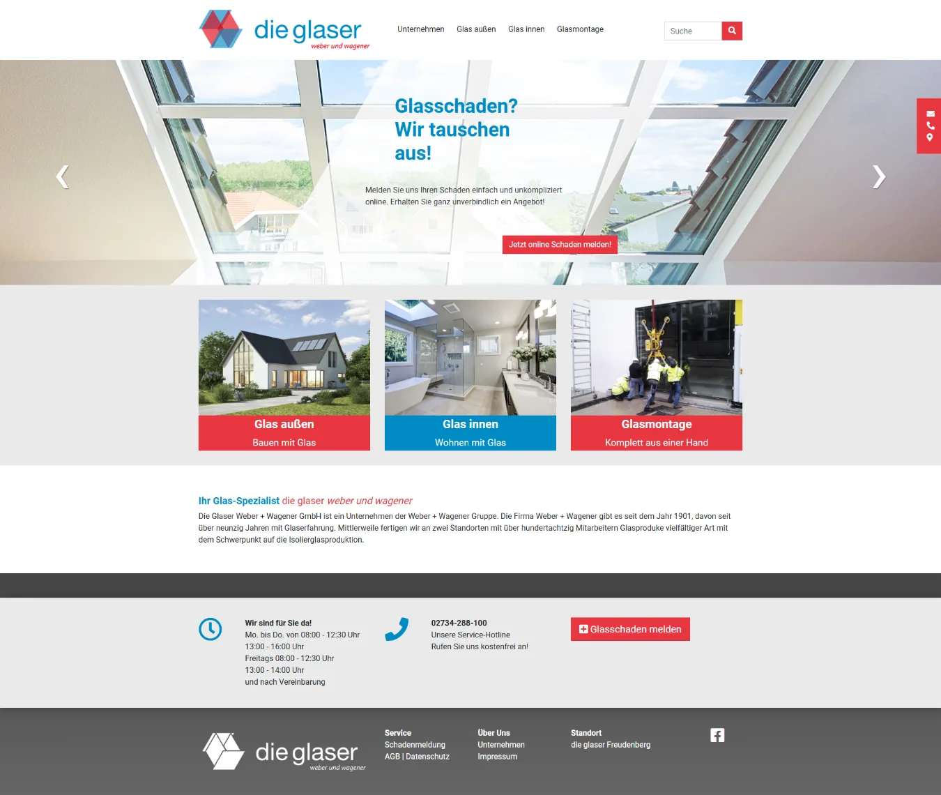 Website Die Glaser, Desktop-Ansicht